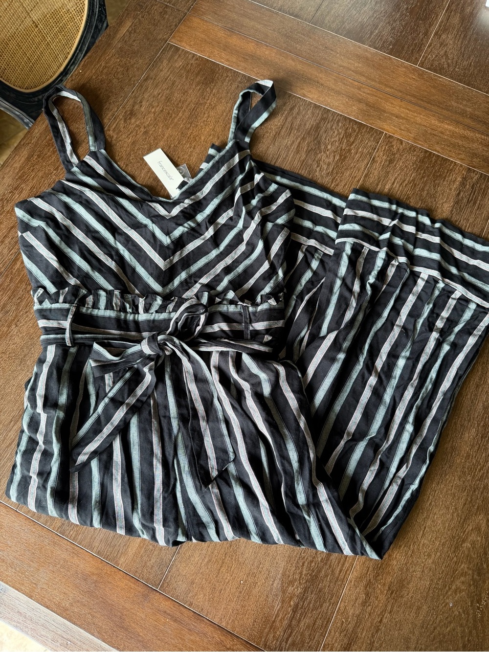 Francesca’s Striped Black & Light Gray Sleeveless Jumpsuit with Tie Waist
